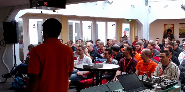 Sujeevan Vijayakumaran addressing the UbuCon Europe attendees